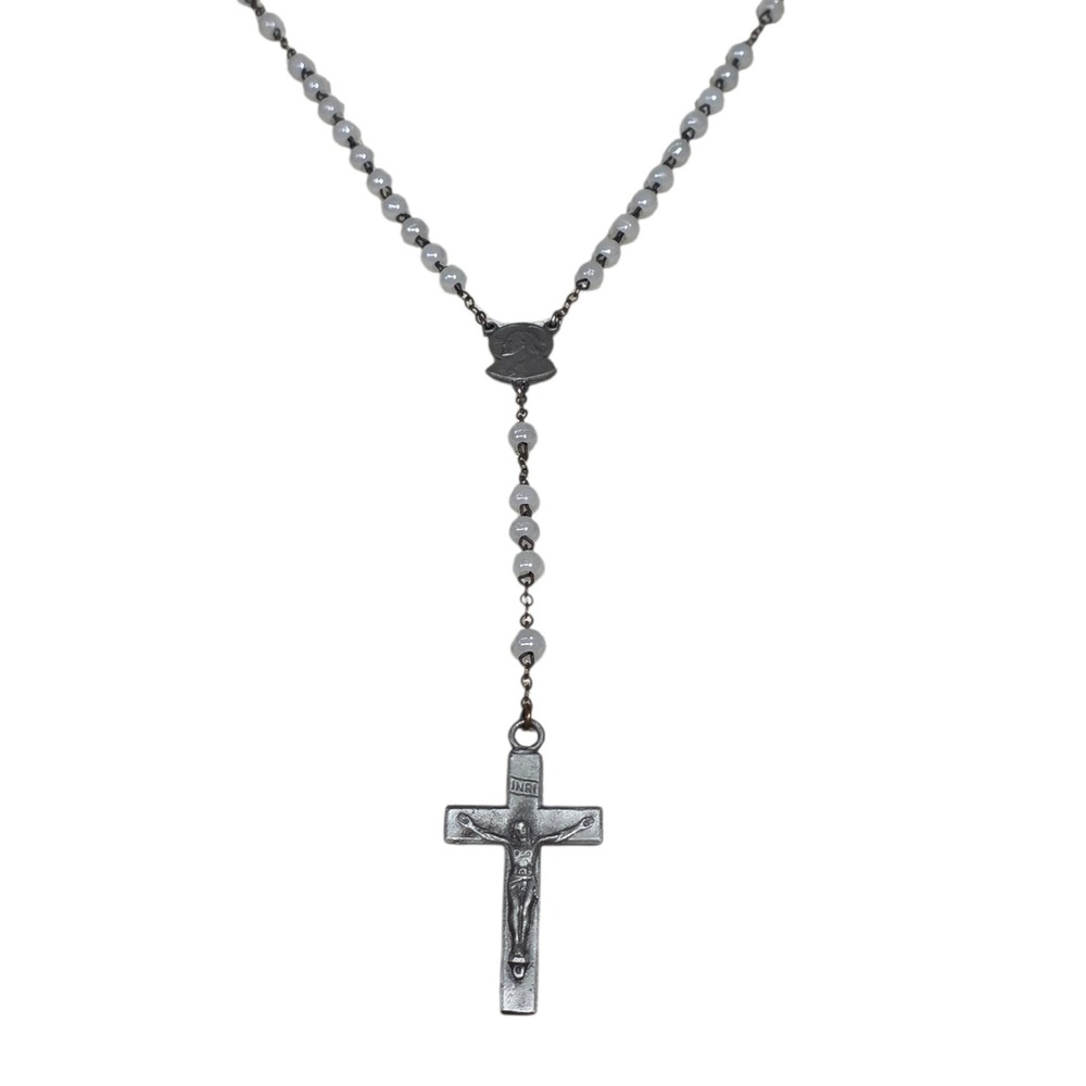 Rosary Necklace Silver Tone Beaded Religious Prayer Cross Pendant Women‎